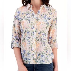 NWOT Tommy Hilfiger Women's Cotton Roll-Tab Floral Shirt Button-Up Shirt Size M